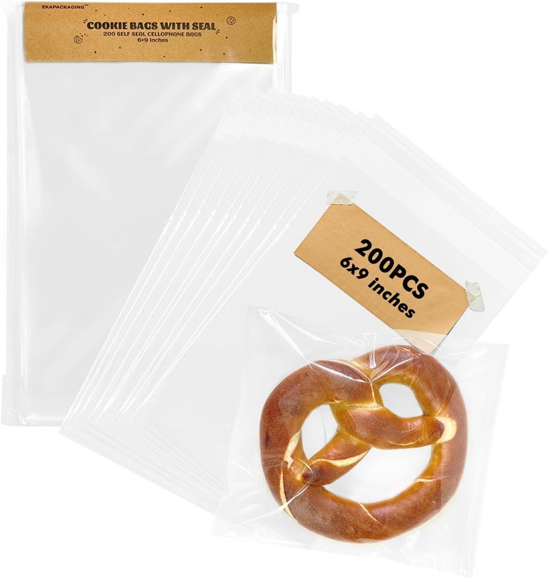 EKAPACKAGING Clear 6x9 Inches 200Pcs Self Sealing Cellophane Cookie Bags Christmas Treat Individual Party Favor Bag Plastic Sealable Small Goodie Cello Snack Gift Packaging with Seal - Image 1
